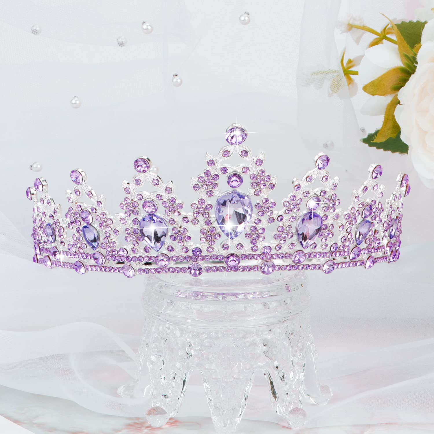 SuPoo Purple Birthday Sash and Crown Kit Princess Crown Birthday Tiara Birthday Girl Crown with Comb Glitter Birthday Sash for Women Crystal Tiaras for Girls Headband Happy Birthday Decorations Gifts