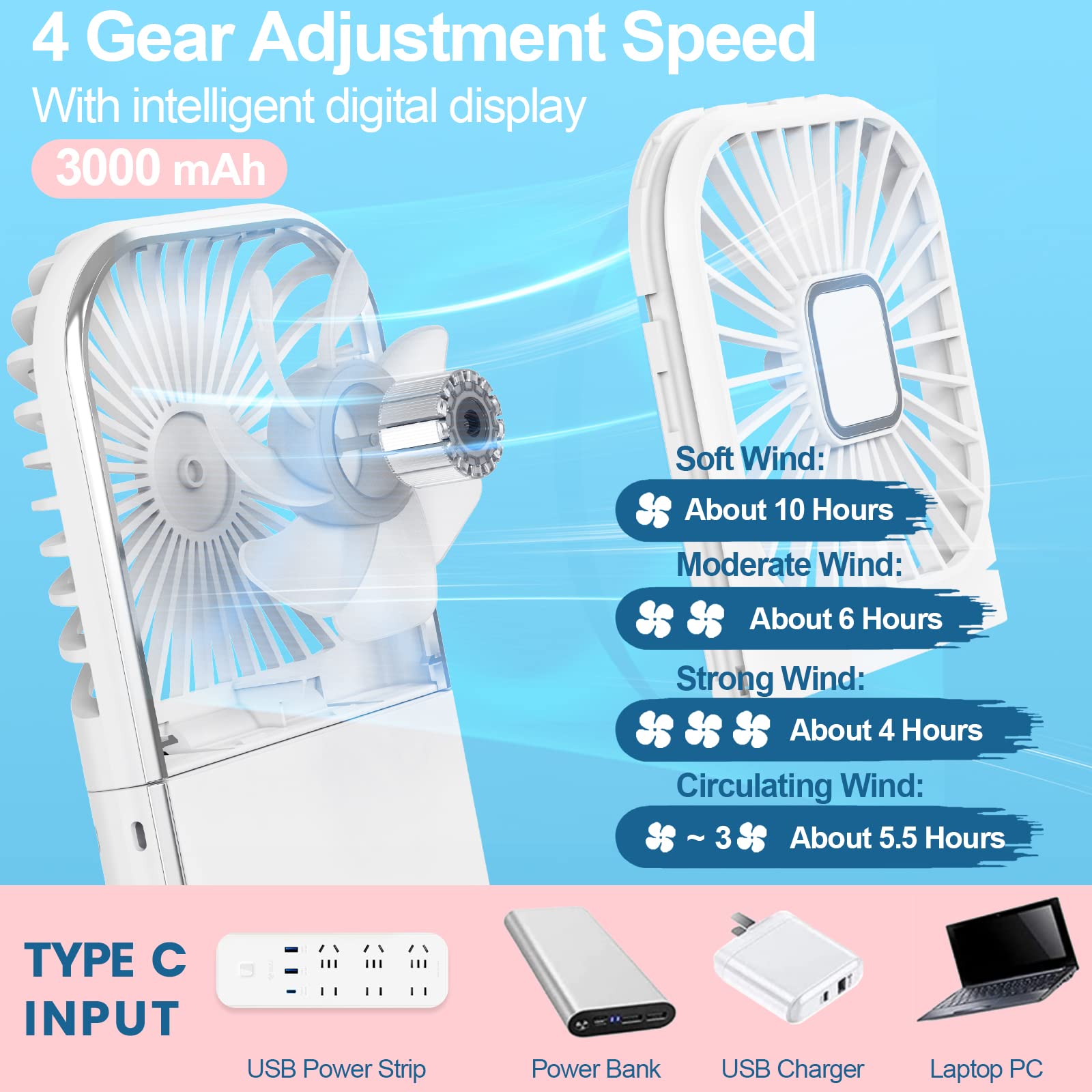 IFLYTEL Portable Mini Fan, Foldable Personal Handheld Portable Fan with Power Bank, Mini Handheld Fan USB Rechargeable, Phone Holder, 4 Speeds Adjustment for Womens Girls Kids Travel Outdoor Office