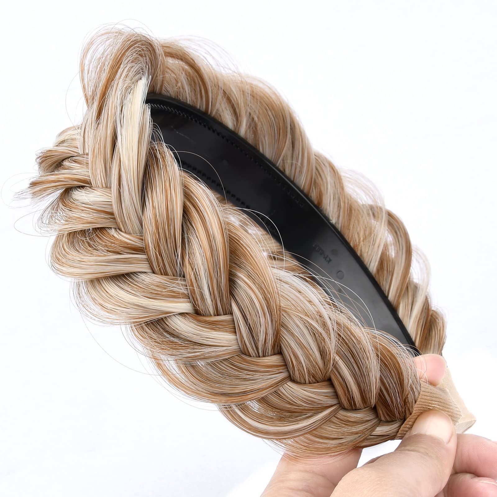 DIGUAN Wide Messy Braided Headband With Teeth Synthetic Hair Plaited Headband High Elasticity Braids Fishtail Braided Hair Band Hairpiece for Girls Women (Sandy Blonde)