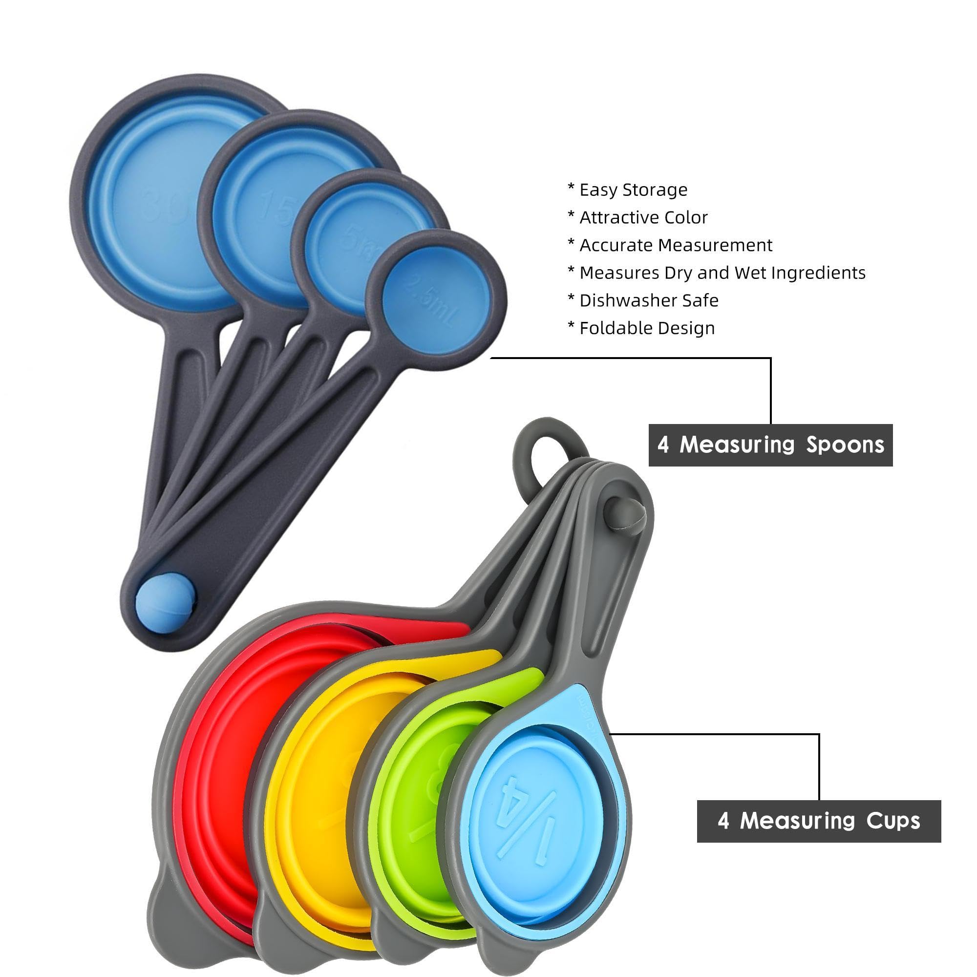 Kalsreui Measuring Cups and Spoons set, Collapsible Measuring Cups, 8 pieces Measuring Cups&Spoons Set, Engraved Metric & US Markings for Liquid&Dry Measuring, Space Saving, BPA Free Colorful Silicone