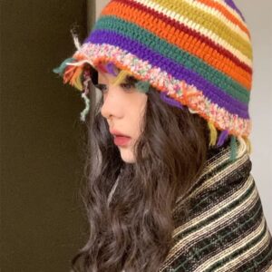 QOOEQPQY Women Stripes Winter Bucket Hat Handmade Crochet Beanie Cap Knitted Fuzzy Hat Colorful Fluffy Trim (Colorful)