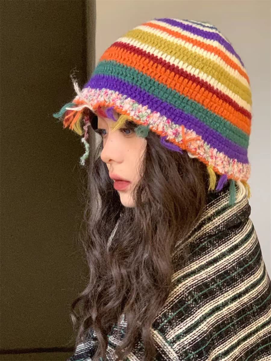 QOOEQPQY Women Stripes Winter Bucket Hat Handmade Crochet Beanie Cap Knitted Fuzzy Hat Colorful Fluffy Trim (Colorful)