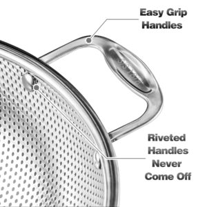 Extra Large 6-Qt Colander, 18/8 Stainless Steel Mesh Strainer for Kitchen, Food Sieve with Riveted Handles and Self-draining Solid Ring Base, Great for Pasta, Rice, Vegetables and Fruits