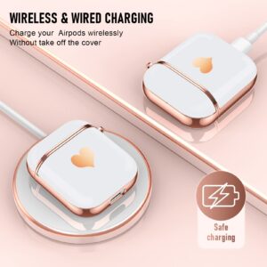 Maxjoy Compatible with Airpods Case,for Airpods 2nd Generation Case Cute Electroplating with Gold Heart Pattern with Lanyard Shockproof Cover for Girls Woman Airpods 2 &1-White