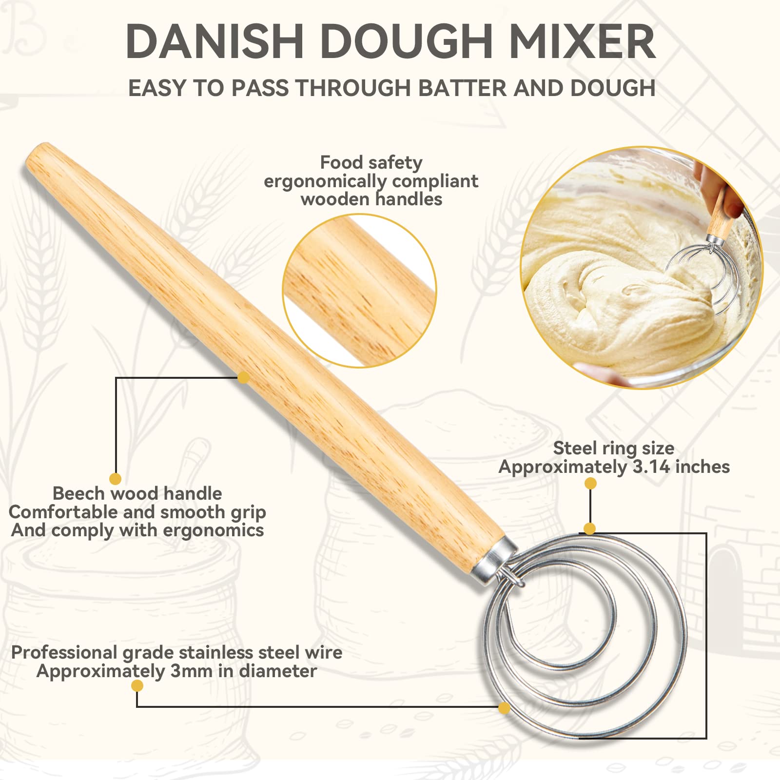 Danish Dough Whisk - Bread Whisk Set of 3 pieces, Bread Making Tools and Supplies, Sourdough Bread Whisk, Dutch Whisk for Dough, With Dough Scraper Bread Cutter, Bread Lame Dough Scoring Tool, Blades