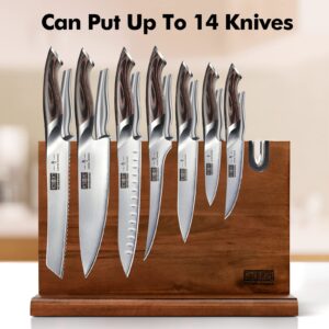 HOSHANHO Magnetic Knife Block 14 x 10 Inches, Double Sided Magnetic Knife Holder Rack for Kitchen Counter, Acacia Wood Magnetic Knife Storage Stand with Knife Sharpener