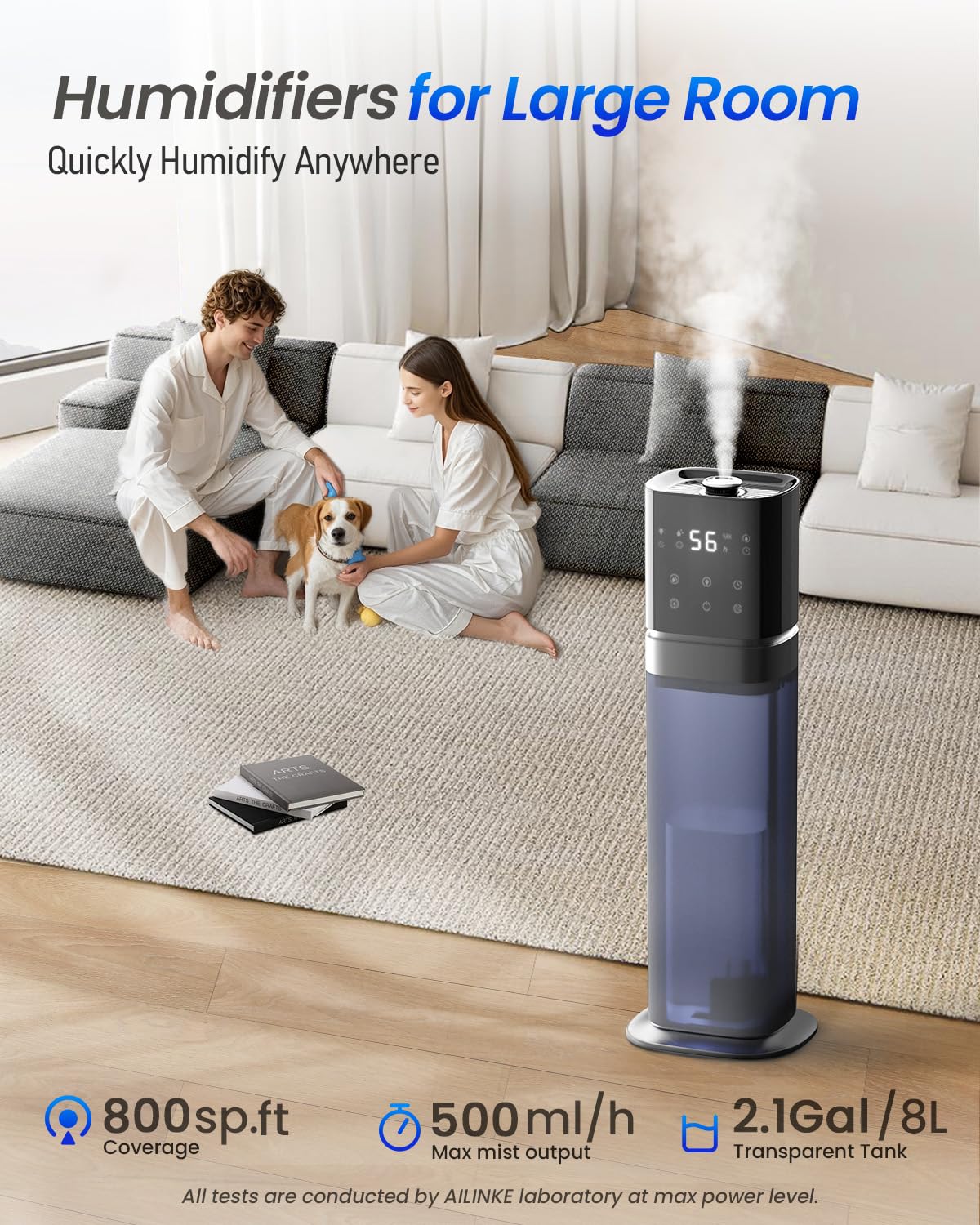 AILINKE Humidifier Large Room Bedroom, Cool Mist Humidifiers for Home Bedroom with Extended Tube, Room Cool Mist Humidifier, School, Office, Warehouse, 2.1Gal/8L