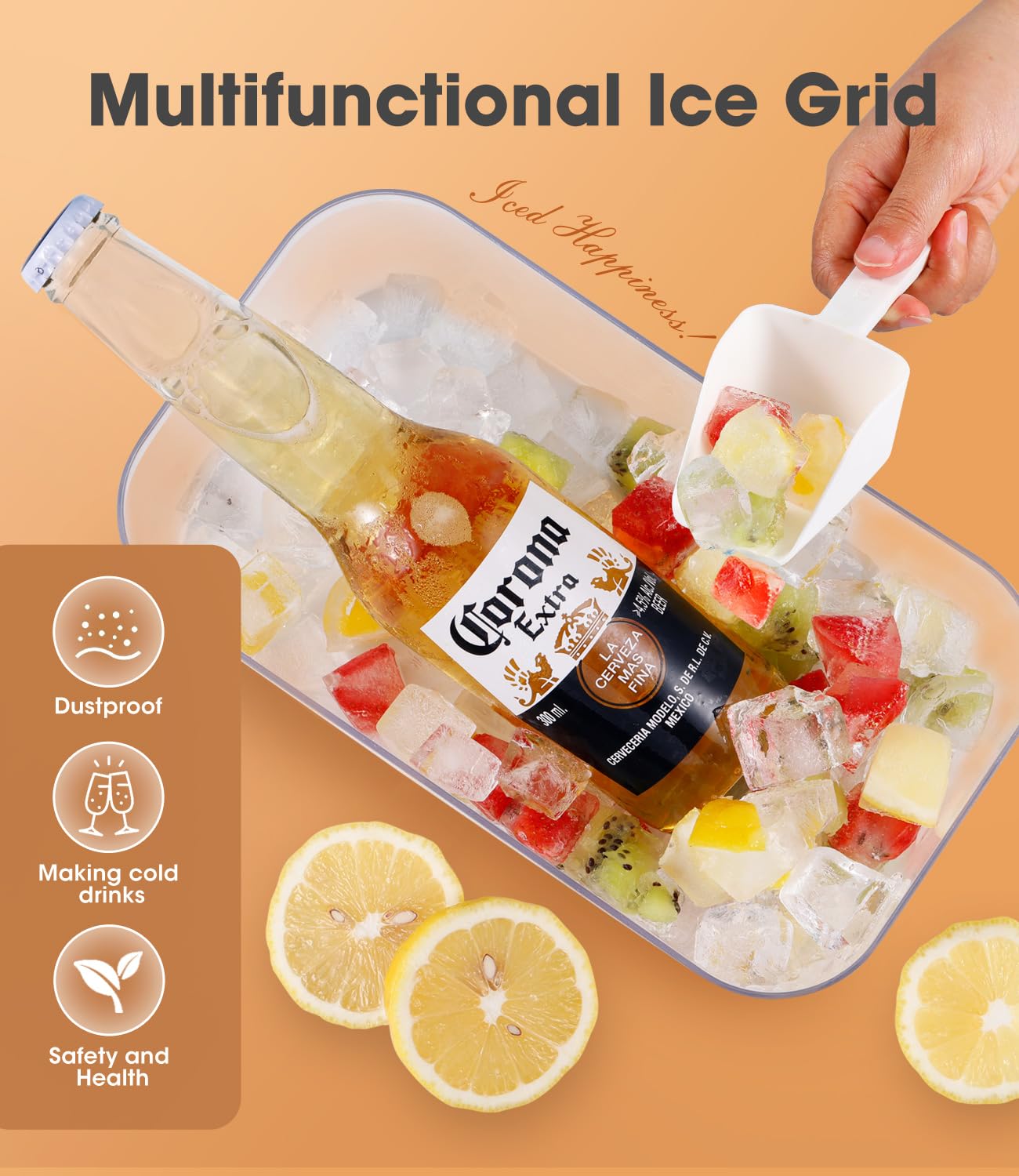 Ice Cube Trays with LId and Bin, Easy Release Ice Trays for Freezer, 2 Pack Ice Cube Molds, 64 Pcs Ice Cube Tray, Large Capacity Ice Tray Holder, Includes Ice Tong, Ice Spoon, for Whiskey, Cocktail.