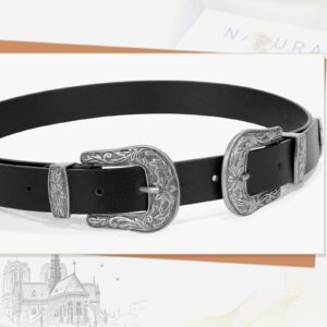 WHIPPY Vintage Western Leather Belt for Women Double Buckle Retro Cowgirl Waist Belts for Jeans Pants and Dresses Black Silver Tone M