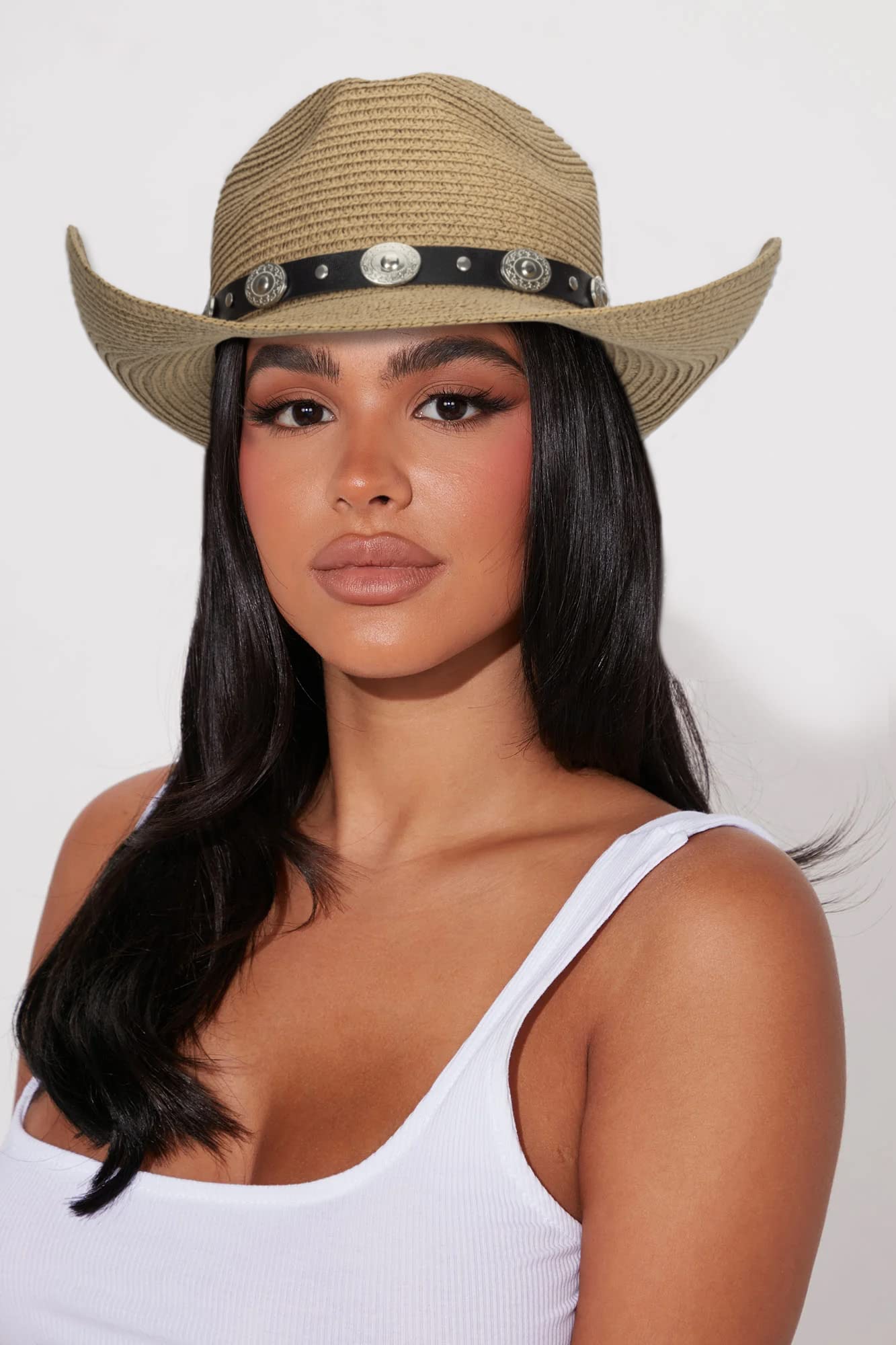 Eohak Shapeable Womens Straw Cowboy Hat Panama Wide Brim Cowgirl Western-Hat with Belt Summer Beach Hat