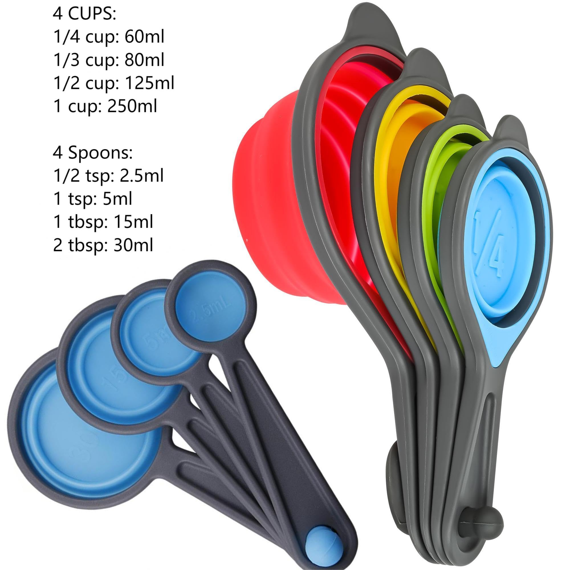 Kalsreui Measuring Cups and Spoons set, Collapsible Measuring Cups, 8 pieces Measuring Cups&Spoons Set, Engraved Metric & US Markings for Liquid&Dry Measuring, Space Saving, BPA Free Colorful Silicone