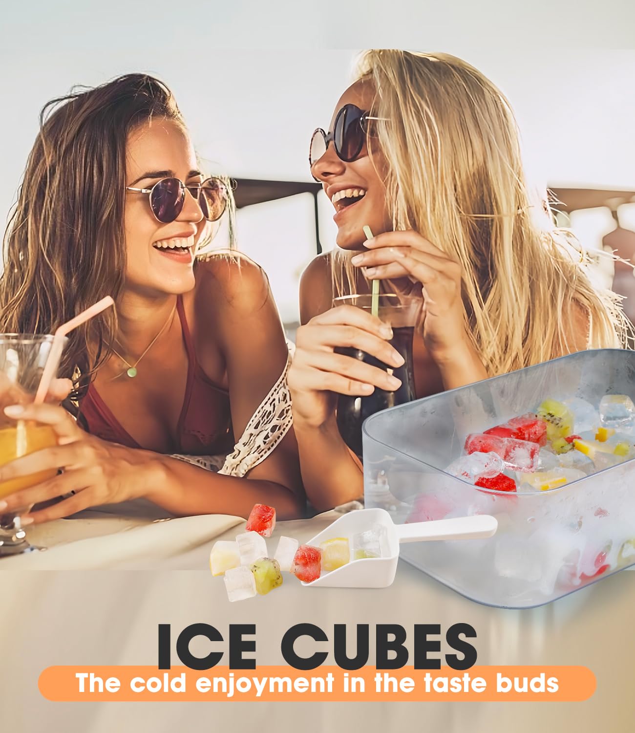 Ice Cube Trays with LId and Bin, Easy Release Ice Trays for Freezer, 2 Pack Ice Cube Molds, 64 Pcs Ice Cube Tray, Large Capacity Ice Tray Holder, Includes Ice Tong, Ice Spoon, for Whiskey, Cocktail.