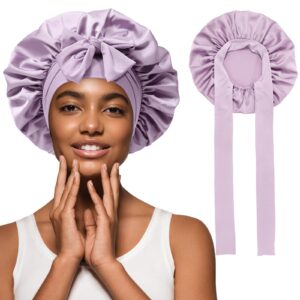 Satin Hair Bonnet Wide Band - Silk Like Sleeping Bonnets for Curly Hair Hair Wrap for Night Cap with Tie Band Breathable Satin Bonnet for Women and Girls (Purple)