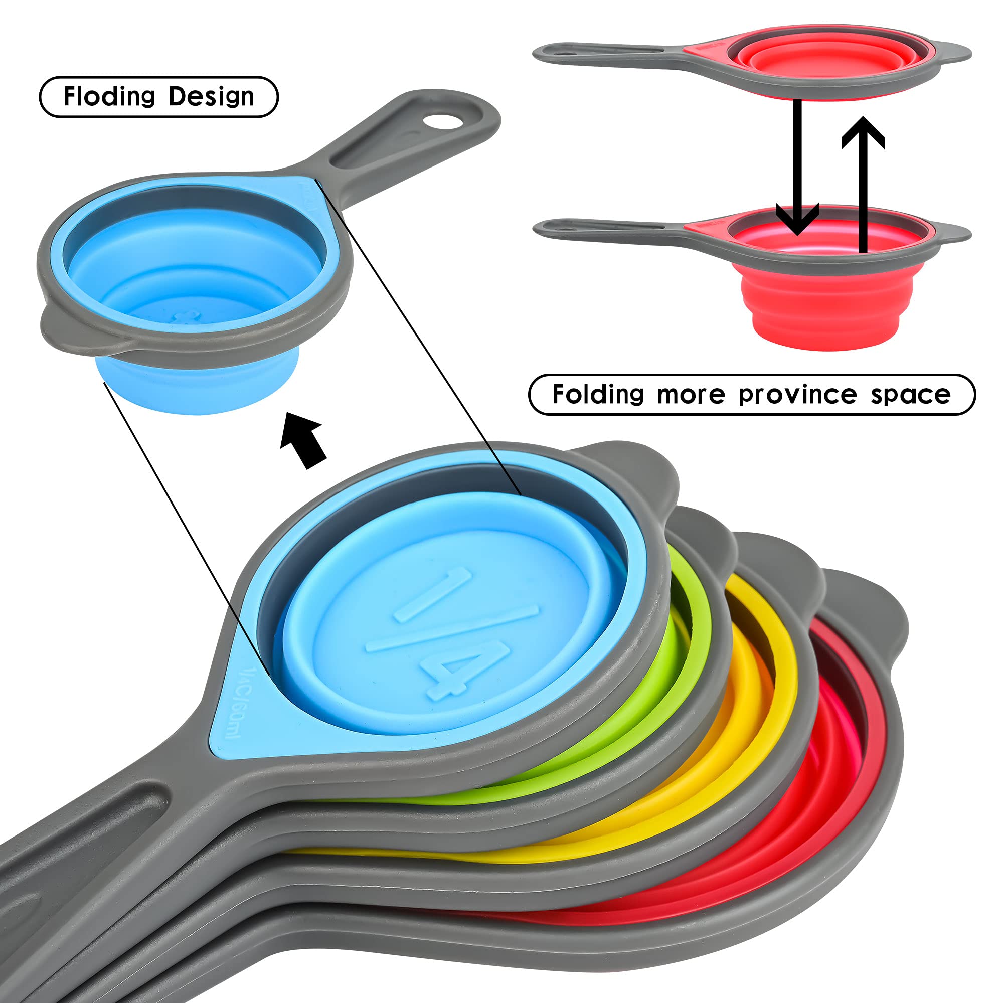 Kalsreui Measuring Cups and Spoons set, Collapsible Measuring Cups, 8 pieces Measuring Cups&Spoons Set, Engraved Metric & US Markings for Liquid&Dry Measuring, Space Saving, BPA Free Colorful Silicone