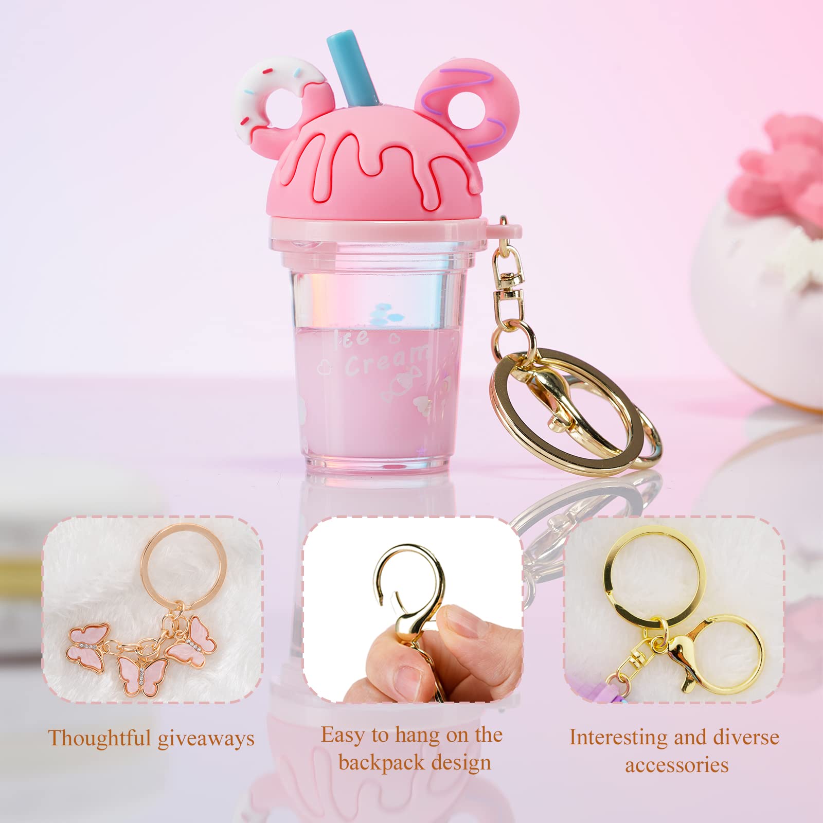 YOU WIZV Liquid Keychain, Kawaii Cute Donut Charms for Backpacks, Aesthetic Bubble Tea Boba Water Keychain for Girls, Kids,Women, Daughters, Boys（Pink Keychain）