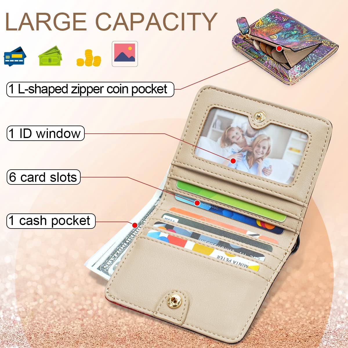 APHISON Womens Wallet, Slim Small Wallet for Women RFID Wallet Women Cartoon Microfiber Leather with ID Credit Card Holder Zipper Coin Pocket Bifold Compact Wallet Cat