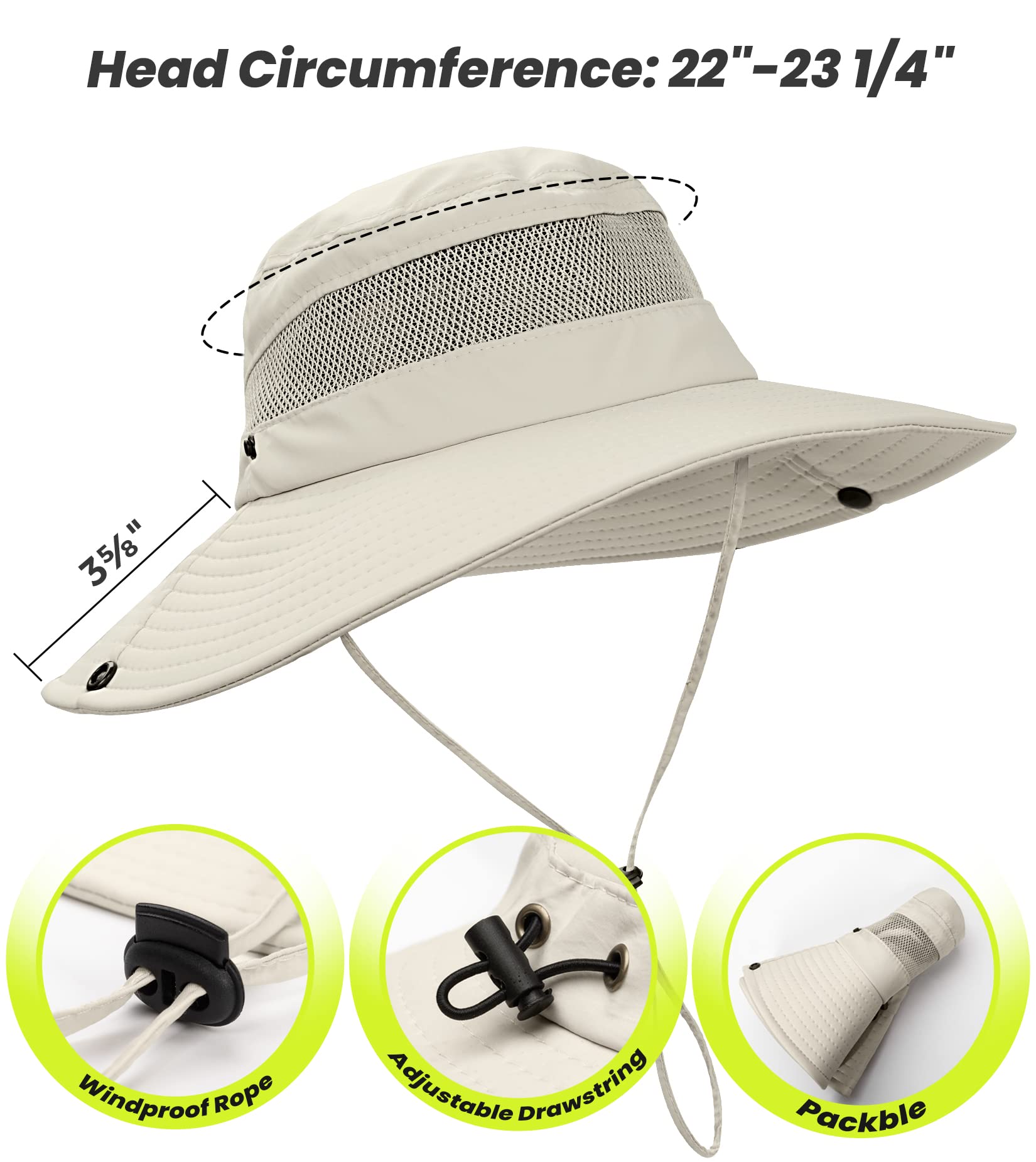 Sun Hat with High Ponytail Hole for Women, UPF 50+ UV Protection Safari Hiking Wide Brim Foldable Waterproof Beach Bucket Hat Beige