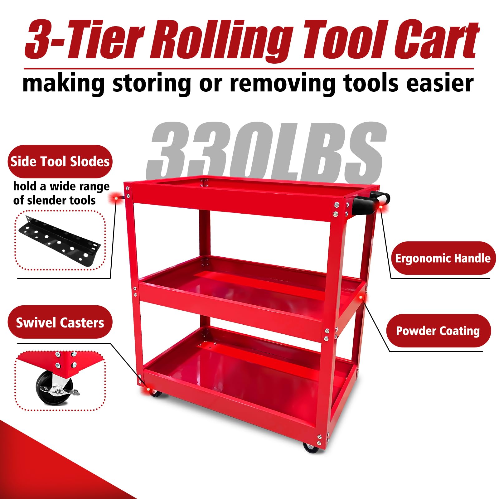 YATOINTO Updated Rolling Tool Cart 330LBS Metal 3 Tier Rolling Cart Carts with Wheels Heavy Duty Utility Carts, Ergonomic Handle Rolling Mechanic Tool Cart Storage Organizer for Warehouse Garage