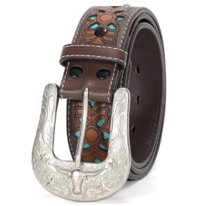 XZQTIVE Women Men Genuine Leather Belt Vintage Ladies Western Belt Engraved Tooled Leather Belt Cowboy Cowgirl Country Belt