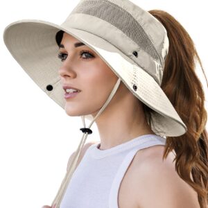 Sun Hat with High Ponytail Hole for Women, UPF 50+ UV Protection Safari Hiking Wide Brim Foldable Waterproof Beach Bucket Hat Beige