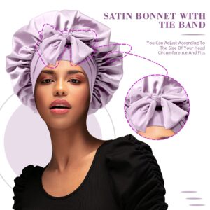 Satin Hair Bonnet Wide Band - Silk Like Sleeping Bonnets for Curly Hair Hair Wrap for Night Cap with Tie Band Breathable Satin Bonnet for Women and Girls (Purple)