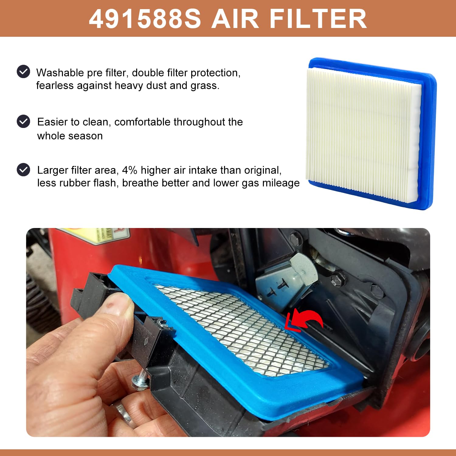 491588S Air Filter Compatible with Briggs & Stratton 491588S 491588 399959 5043 5043H 5043K, Fit for Honda 17211-zl8-023 17211-zl8-003 GC190, Toro 20332-2 Pack Premium Lawn Mower Air Cleaner