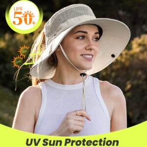 Sun Hat with High Ponytail Hole for Women, UPF 50+ UV Protection Safari Hiking Wide Brim Foldable Waterproof Beach Bucket Hat Beige