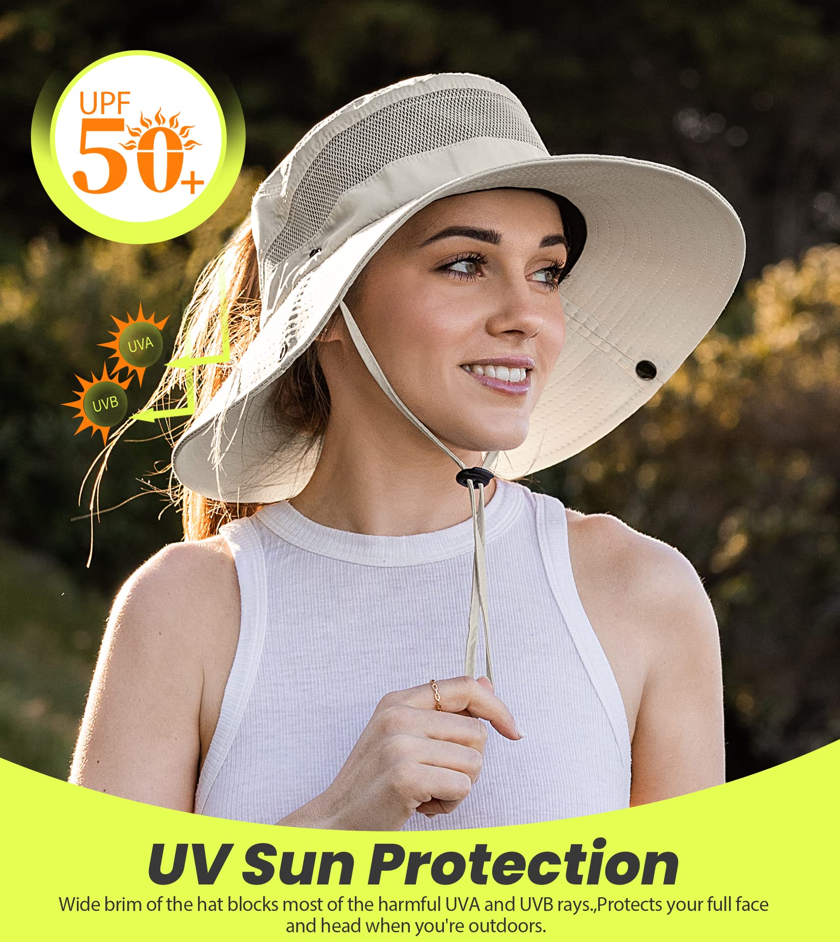 Sun Hat with High Ponytail Hole for Women, UPF 50+ UV Protection Safari Hiking Wide Brim Foldable Waterproof Beach Bucket Hat Beige