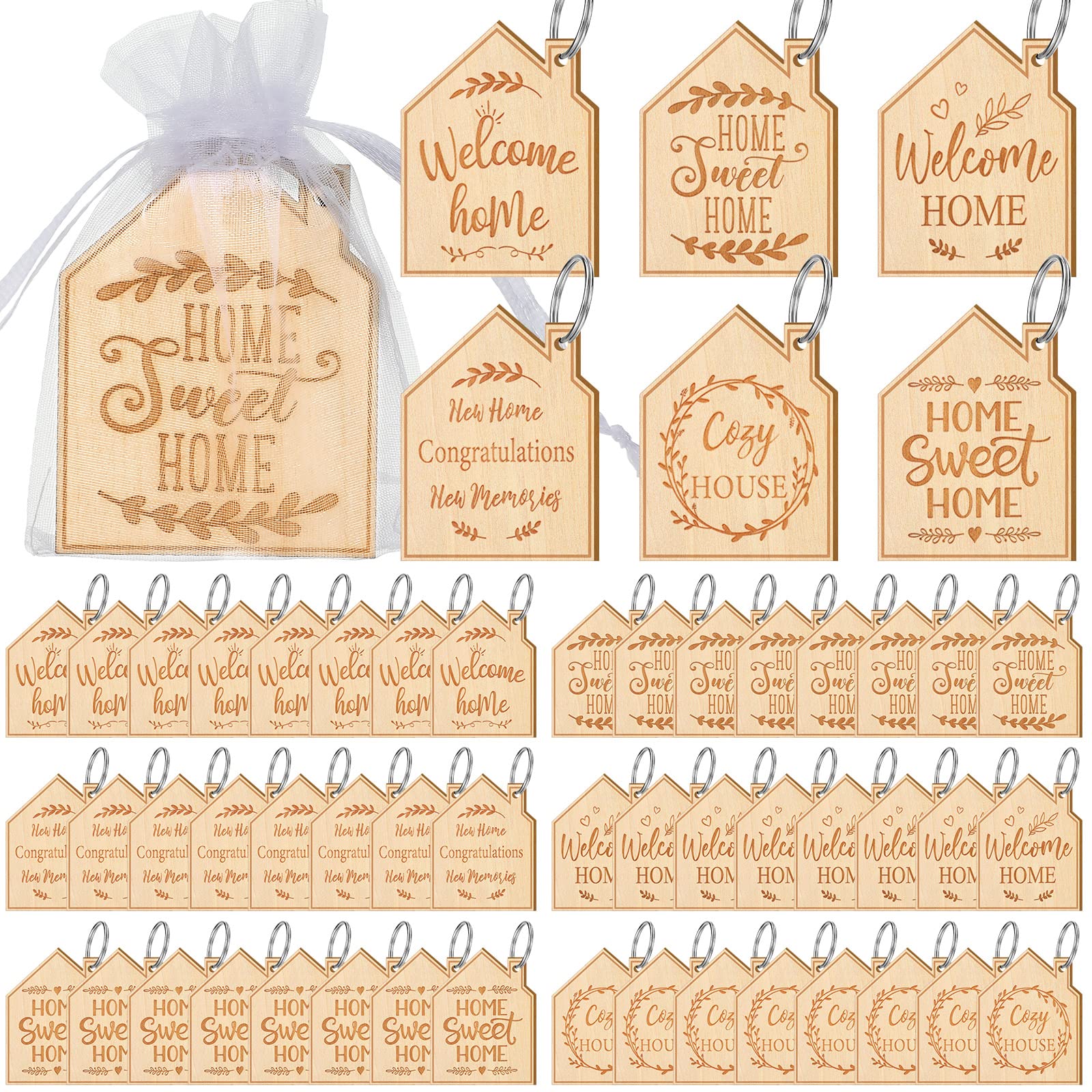 Yinkin 48 Pcs New Home Keychain Bulk Welcome Home Wood House Keychain Cute Home Keychain New Home Key Ring Decoration with Organza Bags for Real Estate Gifts Family Client Home Buyer Customer