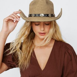 Eohak Shapeable Womens Straw Cowboy Hat Panama Wide Brim Cowgirl Western-Hat with Belt Summer Beach Hat