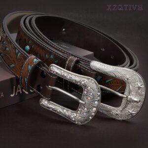 XZQTIVE Women Men Genuine Leather Belt Vintage Ladies Western Belt Engraved Tooled Leather Belt Cowboy Cowgirl Country Belt