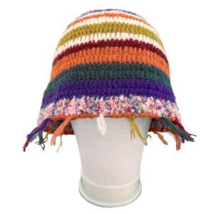 QOOEQPQY Women Stripes Winter Bucket Hat Handmade Crochet Beanie Cap Knitted Fuzzy Hat Colorful Fluffy Trim (Colorful)