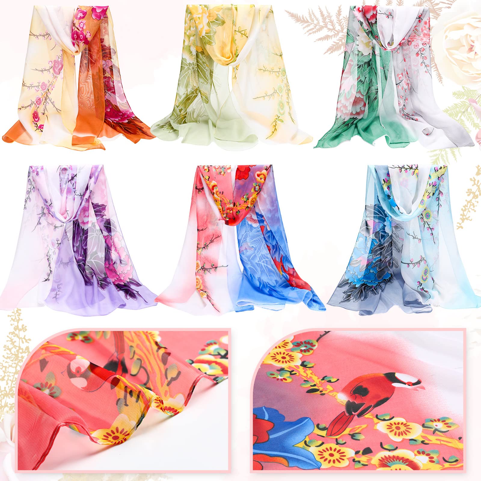 Sureio 6 Pcs Scarves for Women Lightweight Summer Floral Print Pattern Scarf for Women Dressy Long Thin Scarf Shawl(Elegant Style)