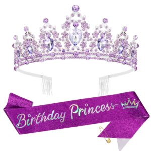 supoo purple birthday sash and crown kit princess crown birthday tiara birthday girl crown with comb glitter birthday sash for women crystal tiaras for girls headband happy birthday decorations gifts