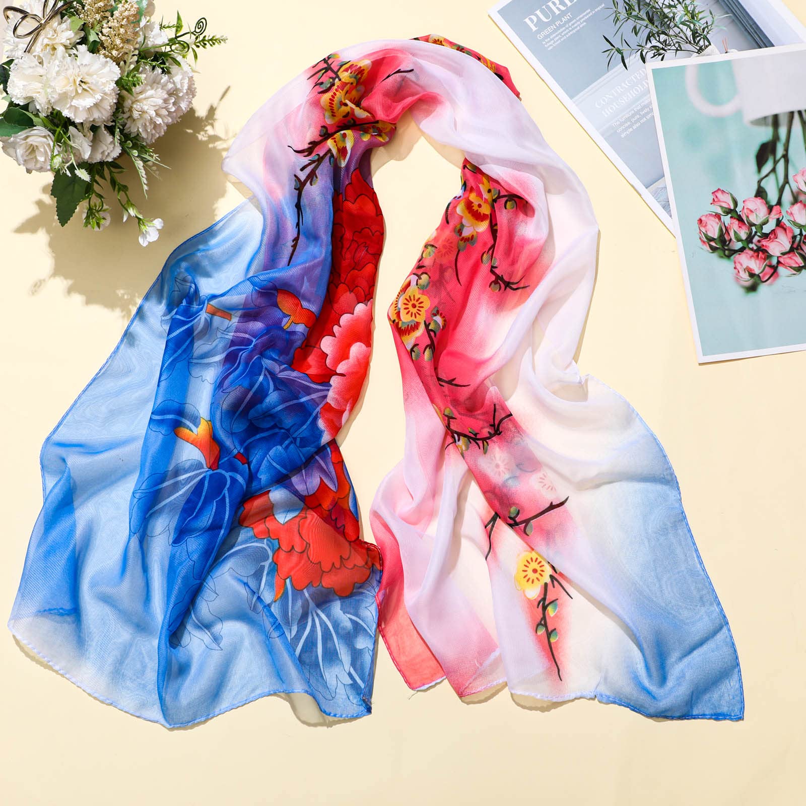 Sureio 6 Pcs Scarves for Women Lightweight Summer Floral Print Pattern Scarf for Women Dressy Long Thin Scarf Shawl(Elegant Style)