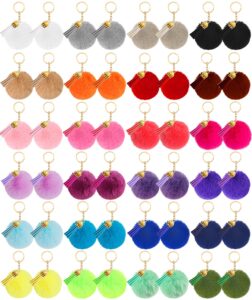 winee 48 pieces pom poms keychains bulk puff ball keychain fluffy soft artificial faux fur puff ball keychain accessories with tassels and keyrings for women girls