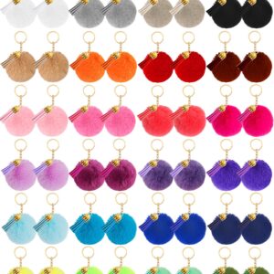 winee 48 pieces Pom Poms Keychains Bulk Puff Ball Keychain Fluffy Soft Artificial Faux Fur Puff Ball Keychain Accessories with Tassels and Keyrings for Women Girls