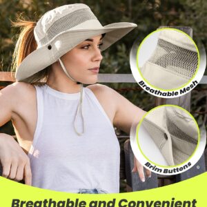 Sun Hat with High Ponytail Hole for Women, UPF 50+ UV Protection Safari Hiking Wide Brim Foldable Waterproof Beach Bucket Hat Beige