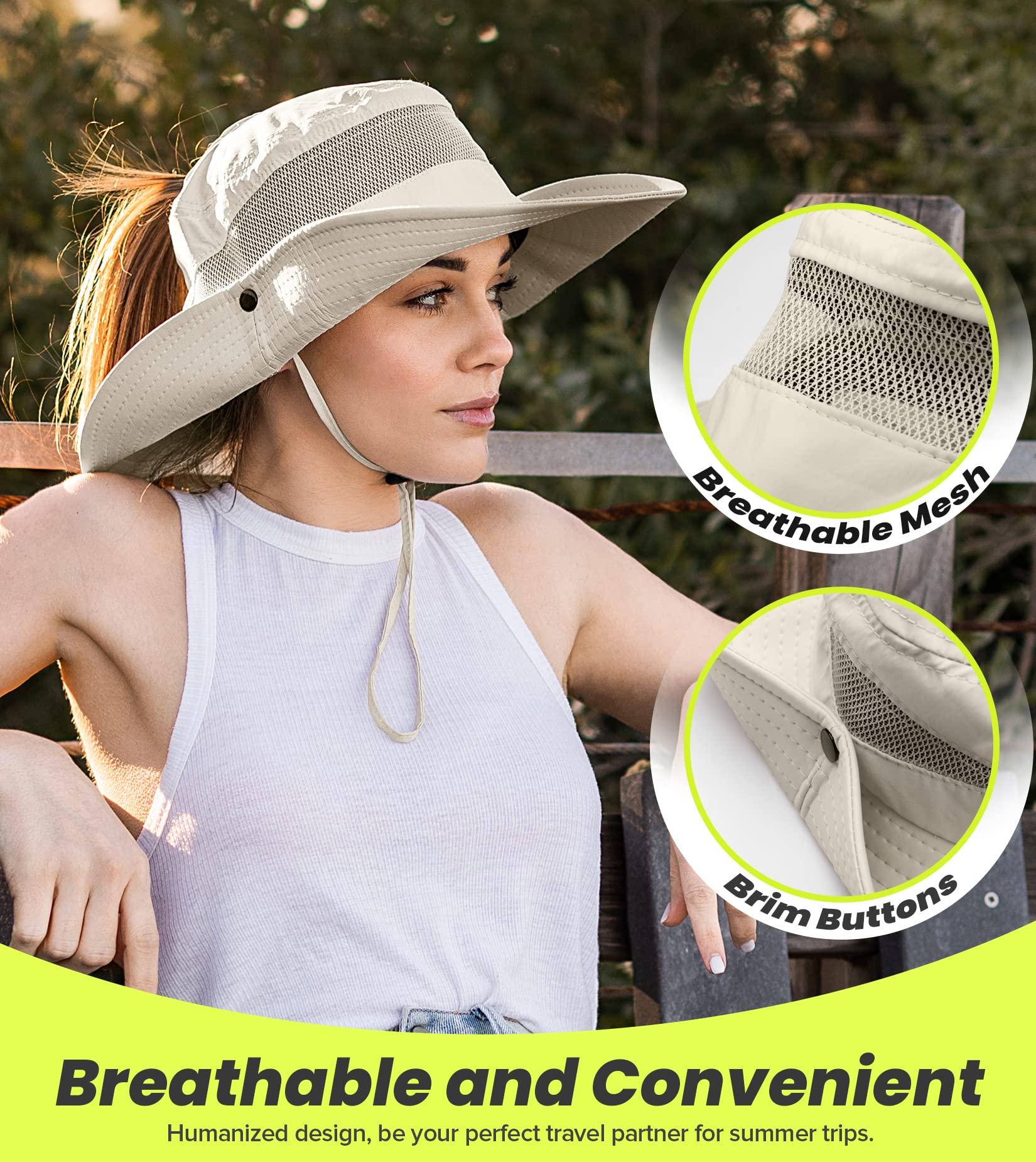 Sun Hat with High Ponytail Hole for Women, UPF 50+ UV Protection Safari Hiking Wide Brim Foldable Waterproof Beach Bucket Hat Beige