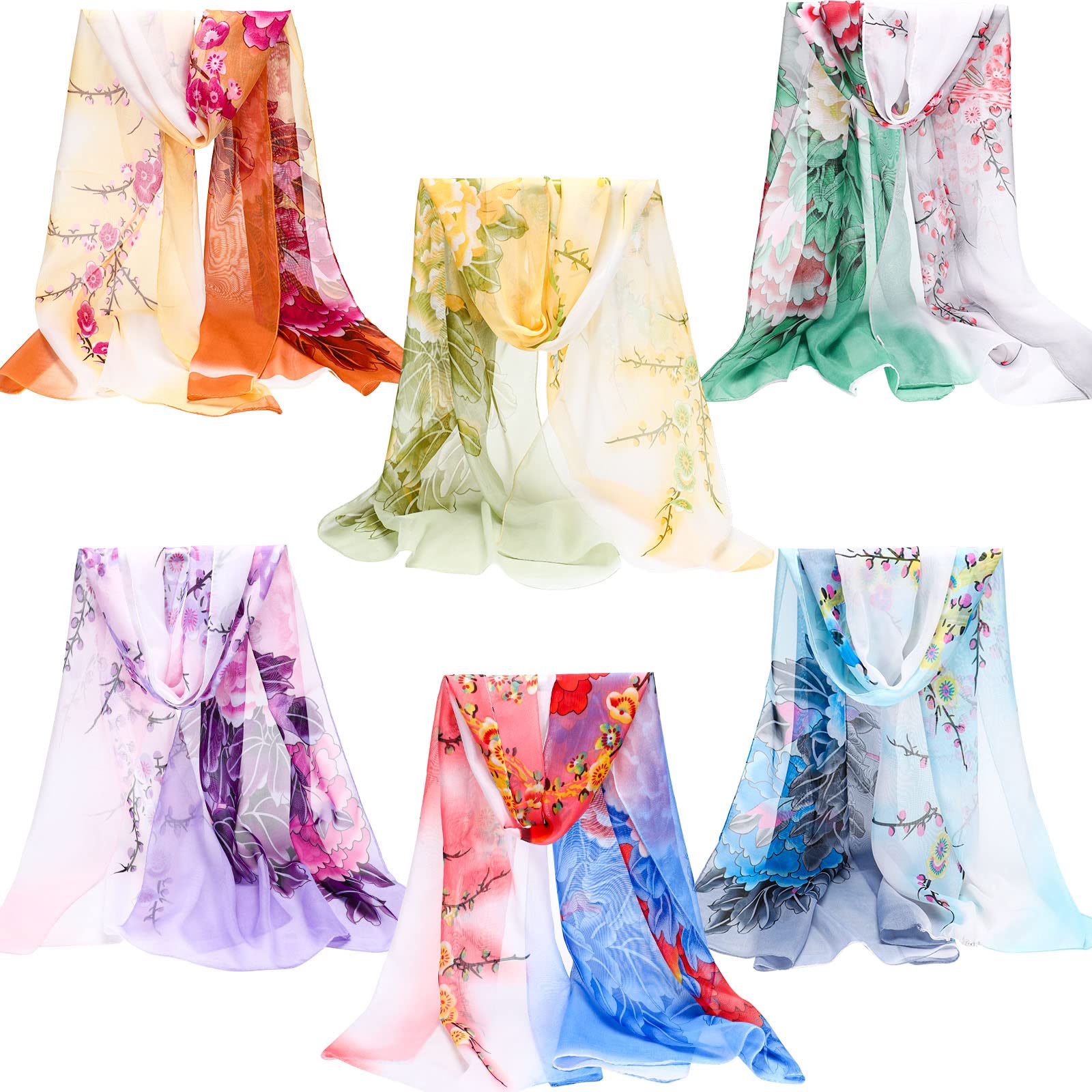 Sureio 6 Pcs Scarves for Women Lightweight Summer Floral Print Pattern Scarf for Women Dressy Long Thin Scarf Shawl(Elegant Style)