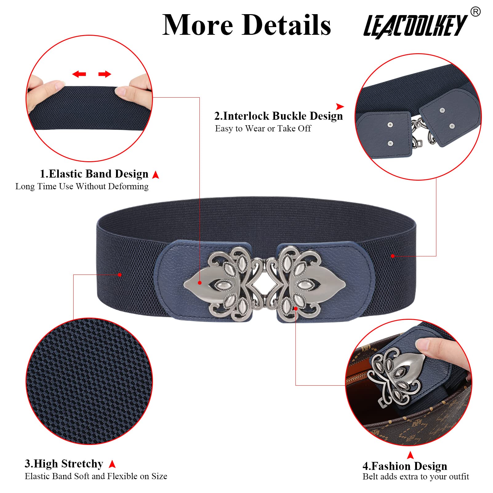 LEACOOLKEY 4 Pack Women Wide Elastic Waist Belt for Dress Vintage Stretch Cinch Belt Retro Buckle