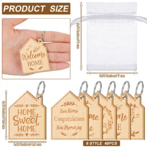 Yinkin 48 Pcs New Home Keychain Bulk Welcome Home Wood House Keychain Cute Home Keychain New Home Key Ring Decoration with Organza Bags for Real Estate Gifts Family Client Home Buyer Customer