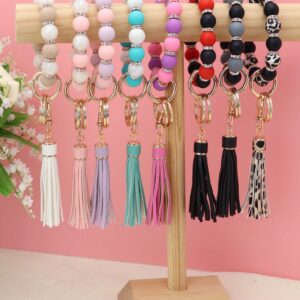 Munchewy Silicone Key Ring Bracelet for Women, Elastic Beaded Wristlet Keychain Key Holder for Women's Day Gift(Brown/Pearl)