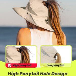 Sun Hat with High Ponytail Hole for Women, UPF 50+ UV Protection Safari Hiking Wide Brim Foldable Waterproof Beach Bucket Hat Beige