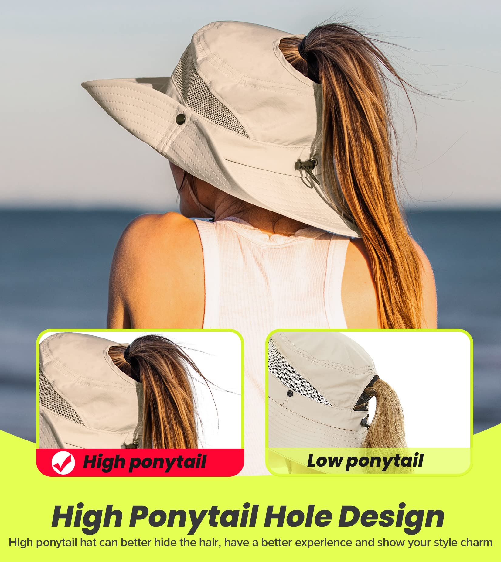 Sun Hat with High Ponytail Hole for Women, UPF 50+ UV Protection Safari Hiking Wide Brim Foldable Waterproof Beach Bucket Hat Beige