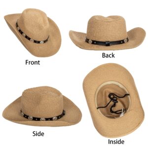 Eohak Shapeable Womens Straw Cowboy Hat Panama Wide Brim Cowgirl Western-Hat with Belt Summer Beach Hat