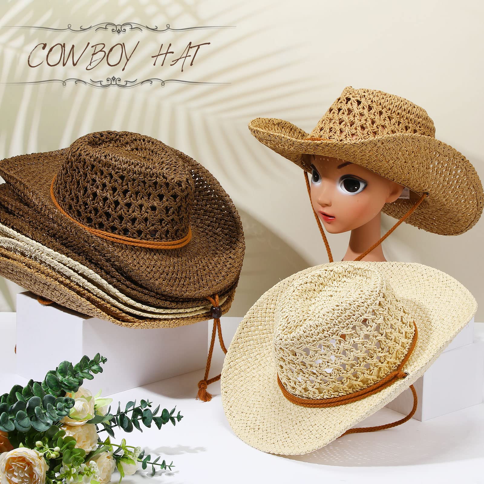 Newcotte 9 Pack Straw Cowboy Hats for Women Western Cowgirl Hat Bulk Beach Sun Hat with Windproof Rope for Party Travel (Khaki, Beige, Coffee)