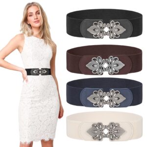 LEACOOLKEY 4 Pack Women Wide Elastic Waist Belt for Dress Vintage Stretch Cinch Belt Retro Buckle