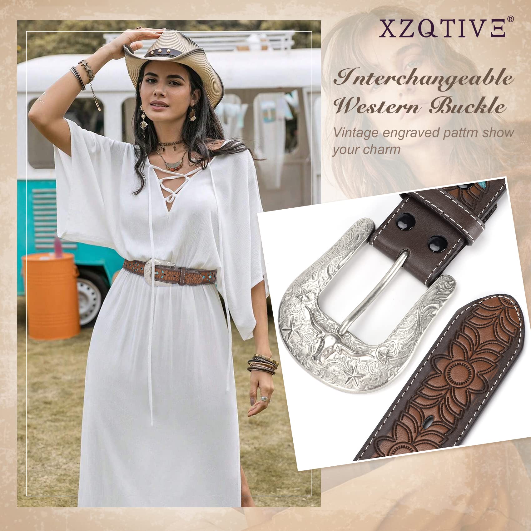 XZQTIVE Women Men Genuine Leather Belt Vintage Ladies Western Belt Engraved Tooled Leather Belt Cowboy Cowgirl Country Belt