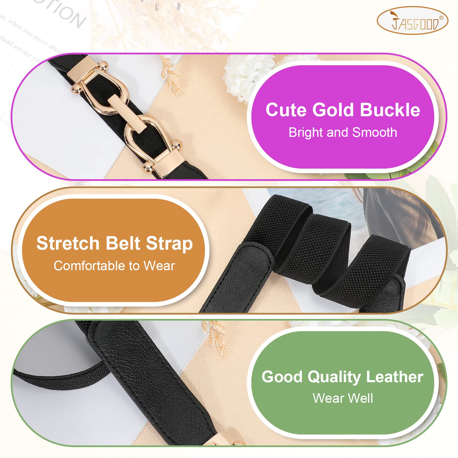 JASGOOD 2 Pack Women Stretchy Waist Belt Retro Elastic Skinny Belt for Ladies with Gold Buckle